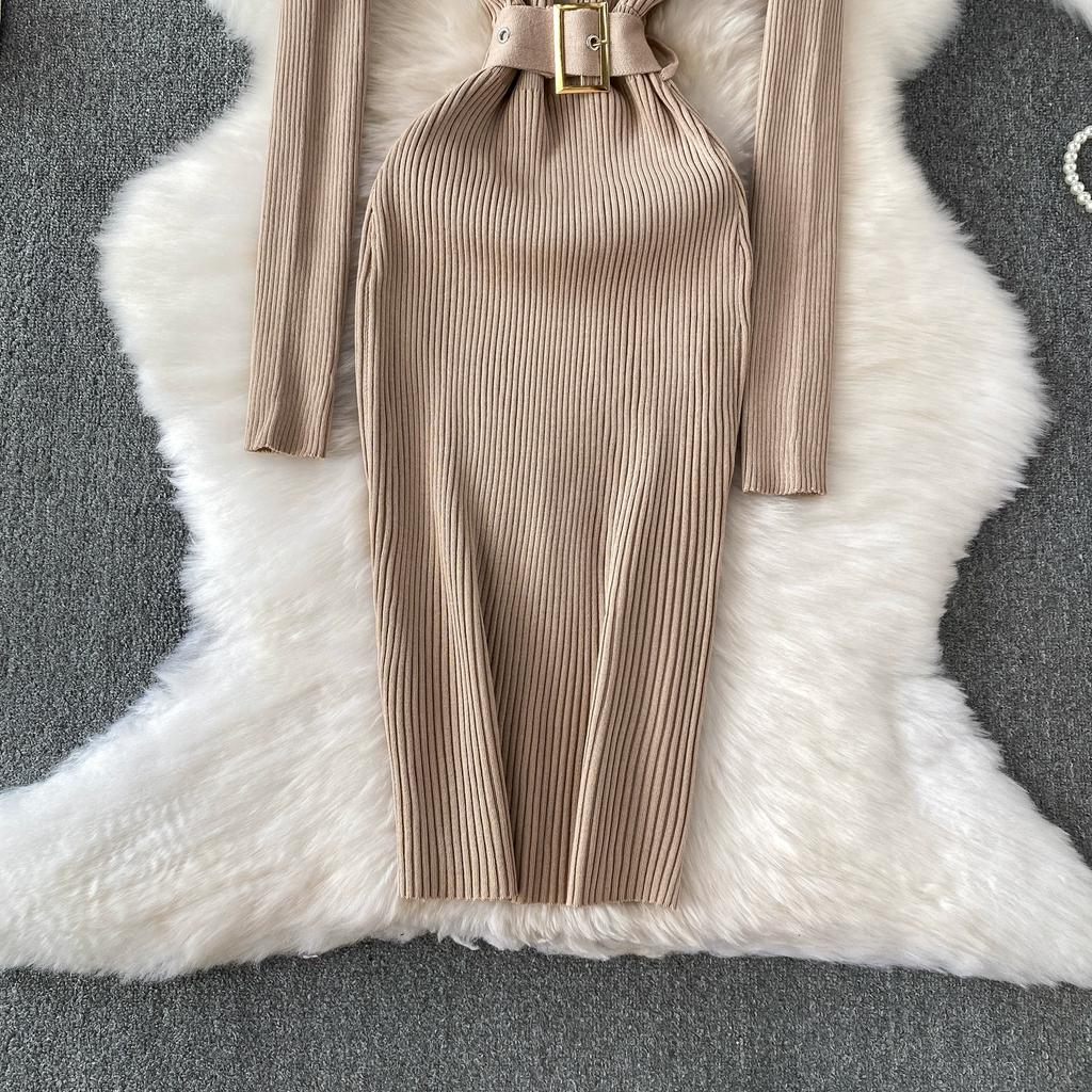Spring Autumn Women Full Sleeve Knitted Sweater Office Work Slim Bodycon Pencil Dresses with Belt