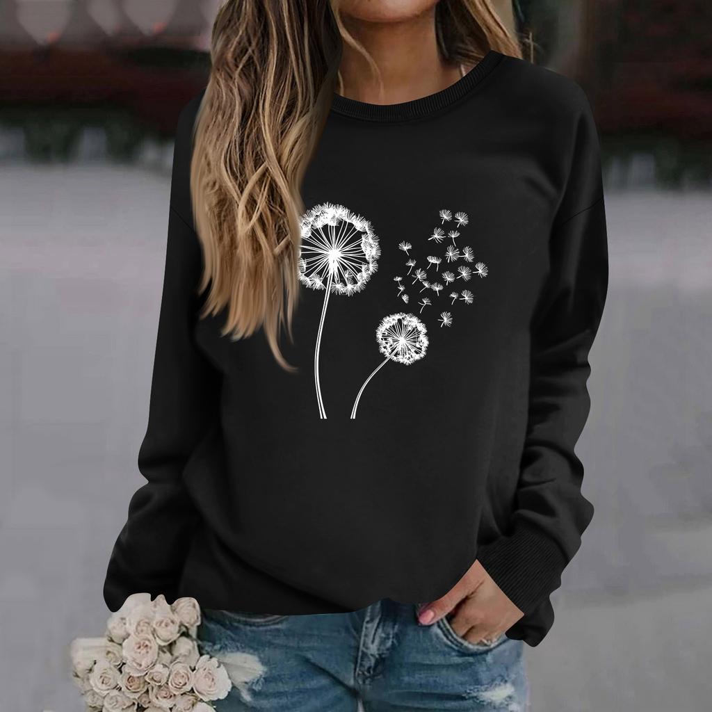 Women's Fashion Casual Long Sleeve Solid Color Printed Round Neck Top Sweatshirt