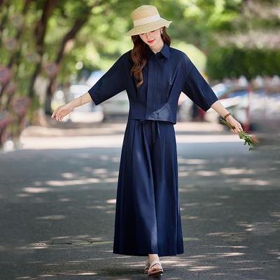 Fashion Suit Women's Summer New Temperament Waist and Thin Short-sleeved Shirt Wide-leg Pants Skirt Two-piece Set