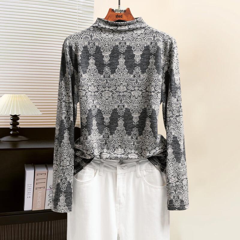 Women s Semi-High Neck Striped Color Block Long Sleeve Base Layer Shirt M