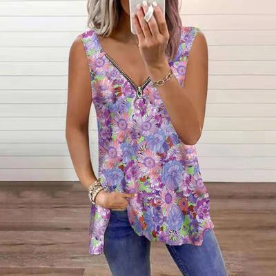Damen Top Sommer Lila Blumen Bedruckt Lässig Übergröße Ärmellos Reißverschluss V-Ausschnitt Top Tanktop