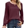 Tops de Mujer Cuello Redondo Manga Larga Abullonada Color Sólido Camiseta con Decoración Waffle Color Sólido Camiseta de Ajuste Holgado