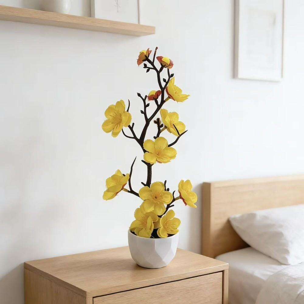 Small Fake Wintersweet Flower Bonsai with White Pot Artificial Faux Plants Indoor Decoration