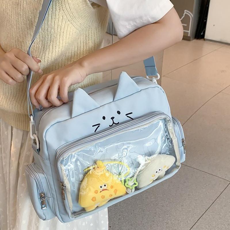 Roztomilá průhledná taška přes rameno s kočkou Velkokapacitní studentská crossbody taška Anime plátěná taška