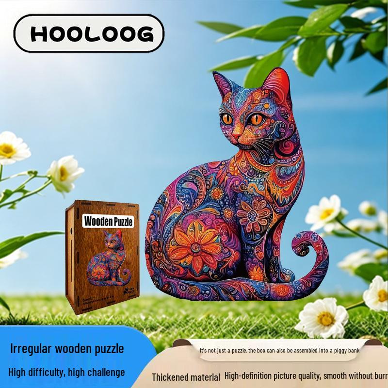 HOOLOOG Irregular Wooden Cat Jigsaw Puzzle Money Box Gift