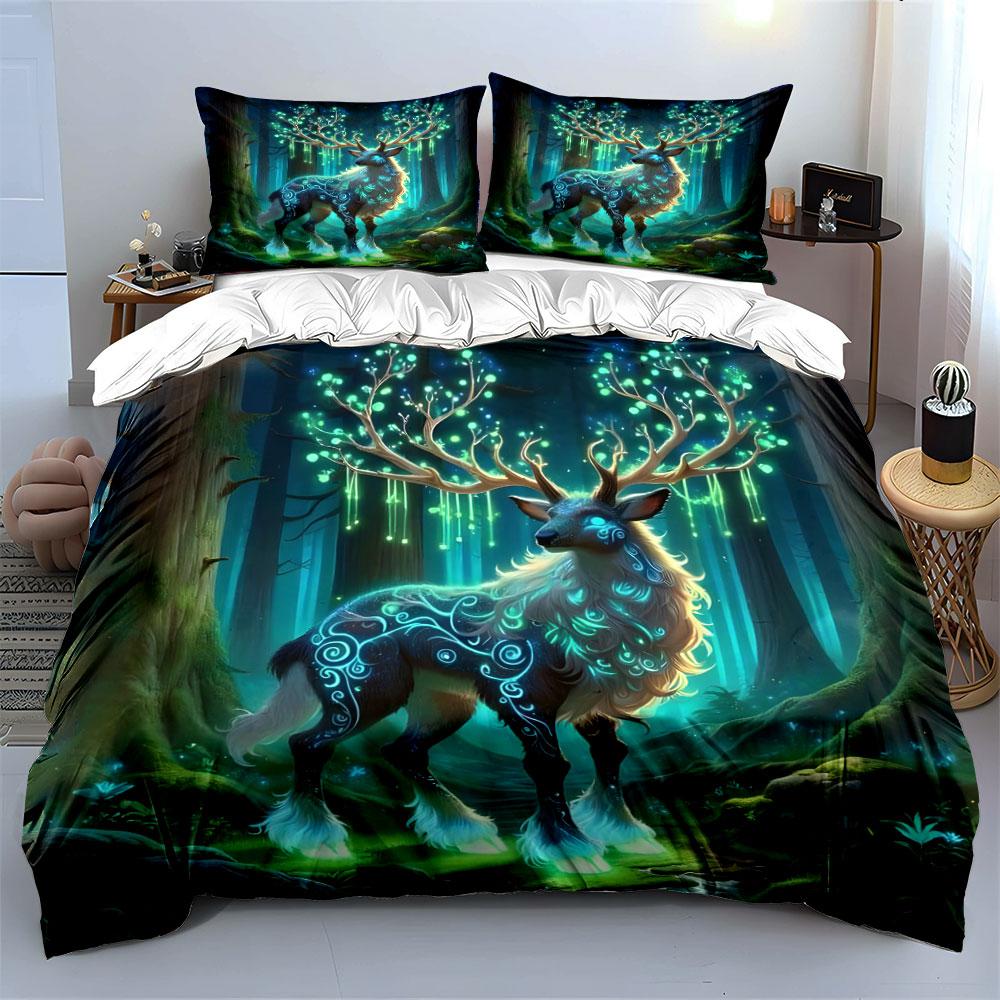 Mystical Glowing Deer In Forest Print Bedding Set 1 Duvet Cover 2 Pillowcases for Adult and Children Luxury Gift Full Size