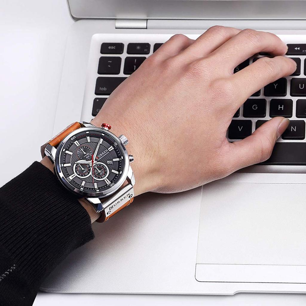 Men's Leather Strap Military Watch Men's Chronograph Waterproof Sport Wrist Date Quartz Wristwatch Gift (Gold Braun), Gold Braun, Chronograph, Quartz