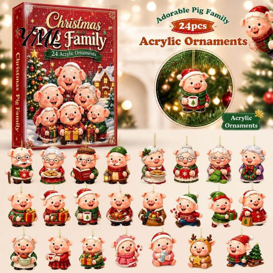 Family Christmas Tree Decor Piggy Advent Calendar, 2D Flat Acrylic 24 Days Hanging Blind Box Ornaments, Decorative Countdown Gift for Holiday
