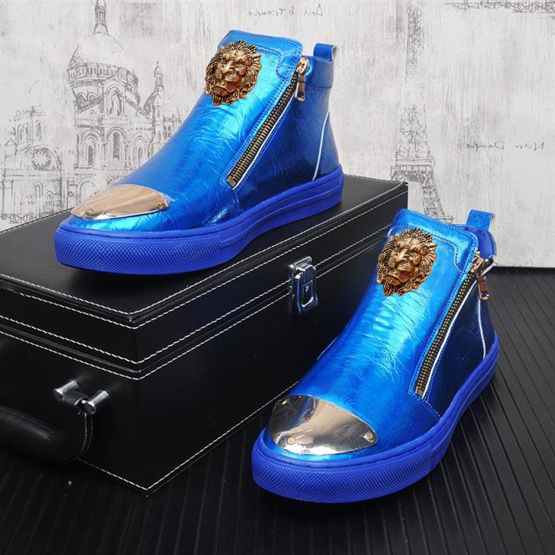 Fashion Gold Leather Men Sneakers Punk Casual Shoes Hip Hop Male High Tops Zip Ankle Boots Flats Zapatos Hombre A4