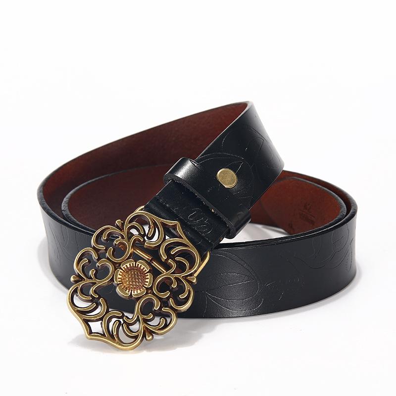 

Кожаный ремень женский из воловьей кожи широкий ремень джинсы стильный простой декор гладкая пряжка ночной рынок ларек 110cm чёрный