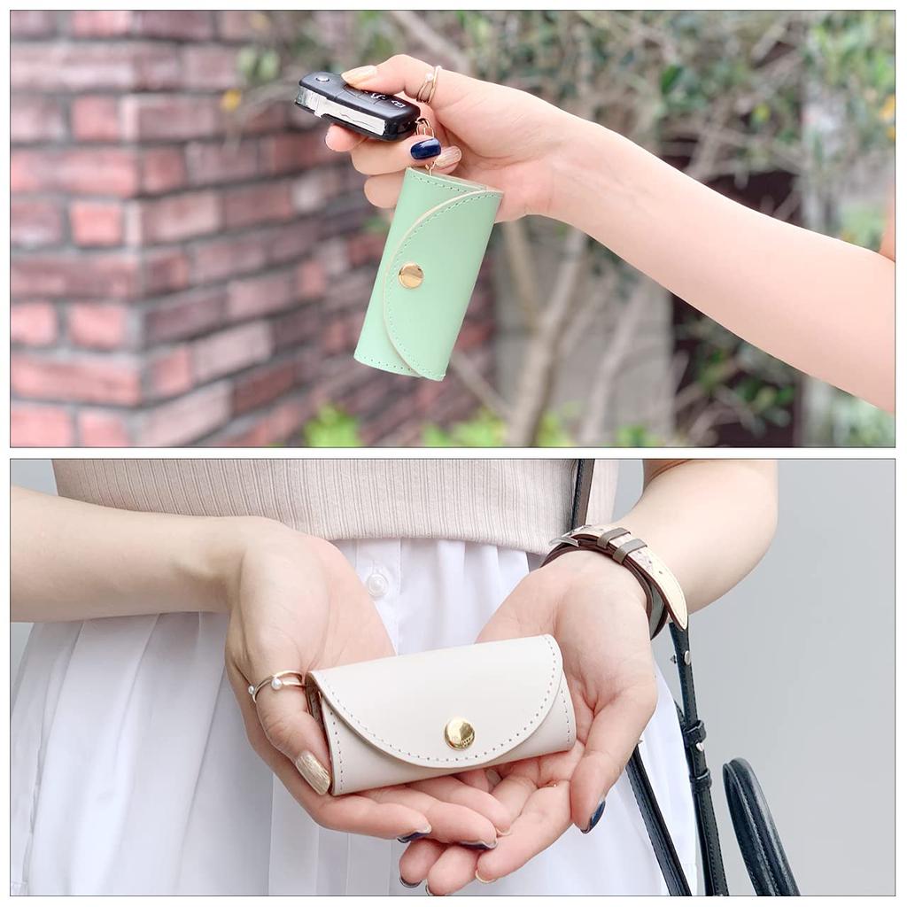 Women's 4-Ring Genuine Leather Smart Key Case, Tri-Fold, Leather, Cowhide Leather, Slim, Compact, Mini Key Holder, 4-Ring Key Hook, Pastel Colors,