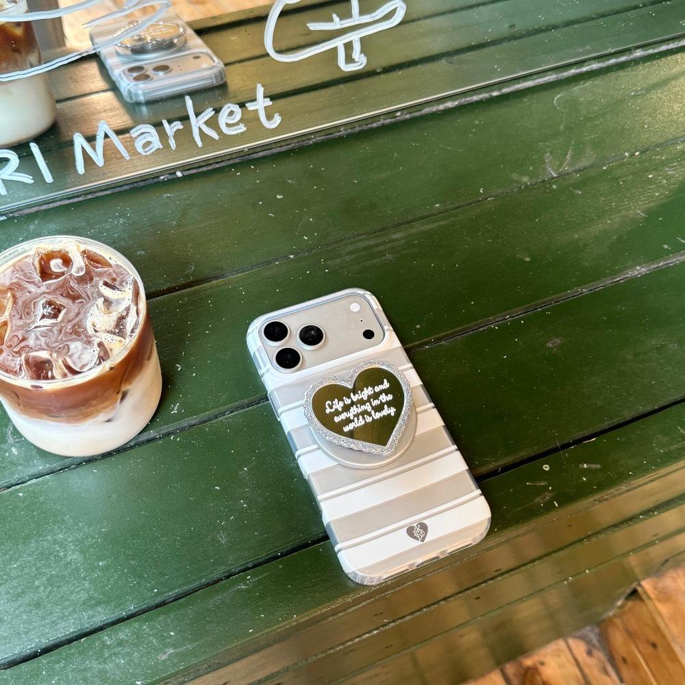 Korean Style Striped Heart Magnetic Mirror Case for iPhone 15/14/16/17 Pro Max