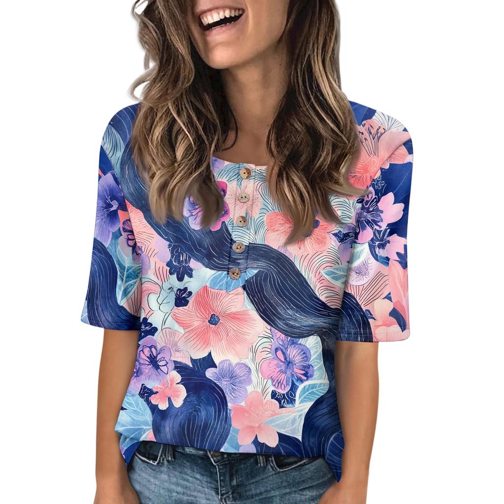 Dame Mote Trykket Rund Hals Knapp Halv Erm Løs Topp