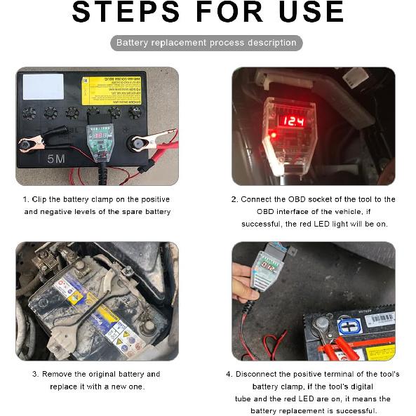 OBD2 Car Memory Saver Protection Connector, 12V Vehicle ECU Emergency Power Supply Cable with 2 Alligator Clips, OBD II Digital Display Automotive