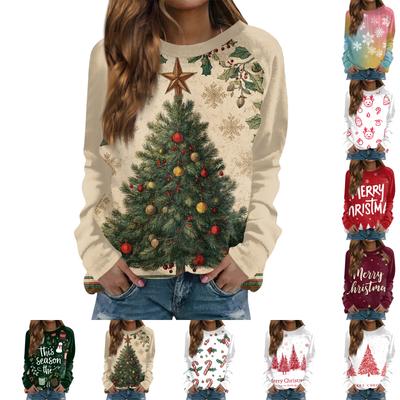 Women's Fashion Casual Long Sleeve Christmas Printed  Neck Sweatshirt Top