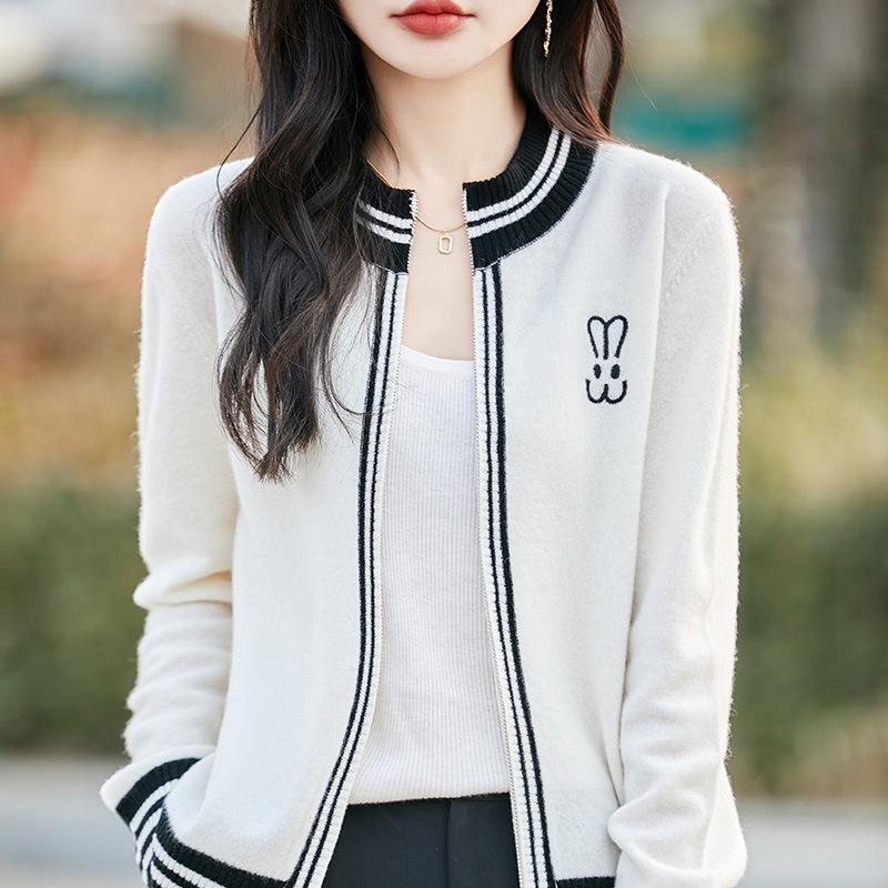 Women's 100% Pure Wool Intarsia Color Block Knit Cardigan - Loose, Casual, Zipper Outerwear for Autumn and Winter