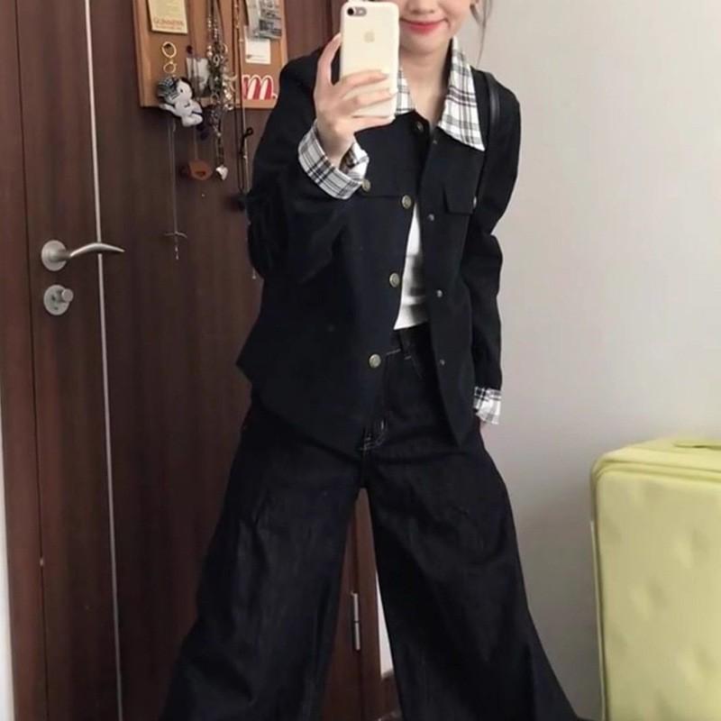 Womens Vintage Plaid Patchwork Collar Short Jacket Loose Fit Blazer Daily Wear