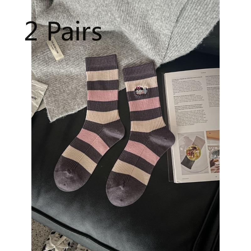 2 Pairs of Mid-calf Socks - Women's Fall/winter Imitation Cashmere Socks - Women's Striped Fashionable Embroidered Sausage Dog Pile Socks - Long Socks