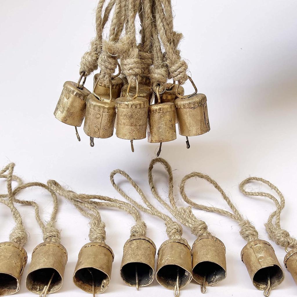 20-Piece Handmade Rustic Gold Metal Bells with Jute for Boho Wind Chimes, Vintage Christmas Ornaments, and Witch Craft Decor