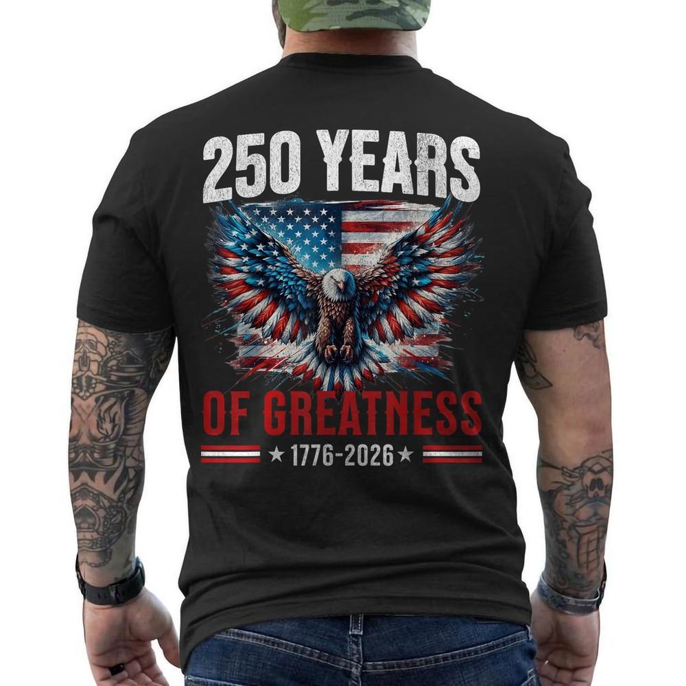 

250th Anniversary 1776 2026 Patriotic 4th of July American Flag ON BACK T-Shirt S