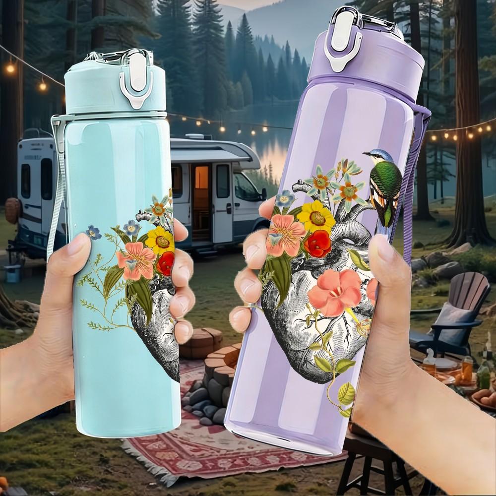 1PC Vintage Human Heart Mixed Floral Plant Bird 750ml Color Plastic Sports Water Bottle Leakproof Flip Straw Lid Suitable for Sports Office Home Use