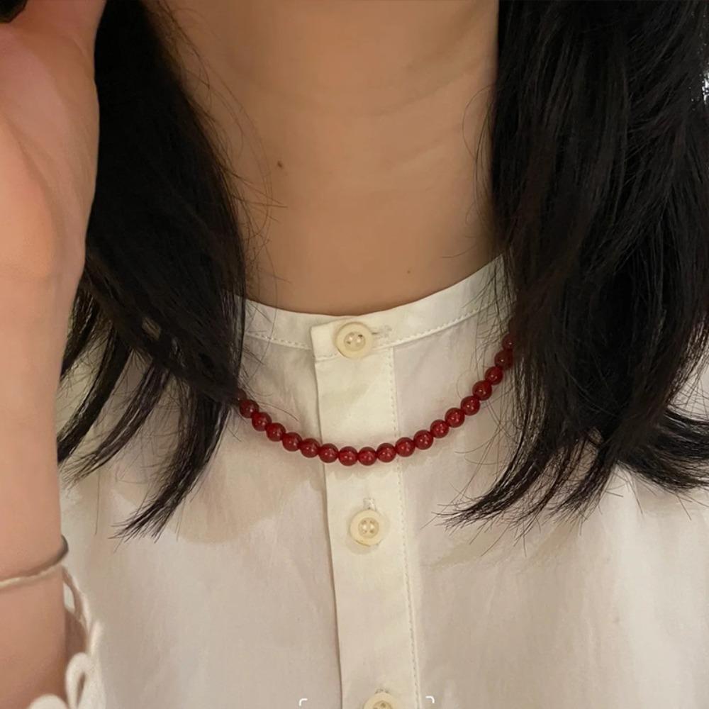 Collane con Perline Rosse da 4/6/8/10 mm Collane a Girocollo Fatte a Mano con Perline Placcate Oro Pietre Naturali Agata Catena Clavicolare Ragazza
