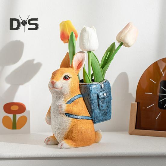 Rabbit Pen Holder Resin Bunny Figurine with Open Backpack Pencil Holder Decorative Rabbit Desk Organizer for Pens Pencils Makeup Brushes