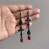 Elegant Gothic Renaissance Bat Cross Red Glass Earrings