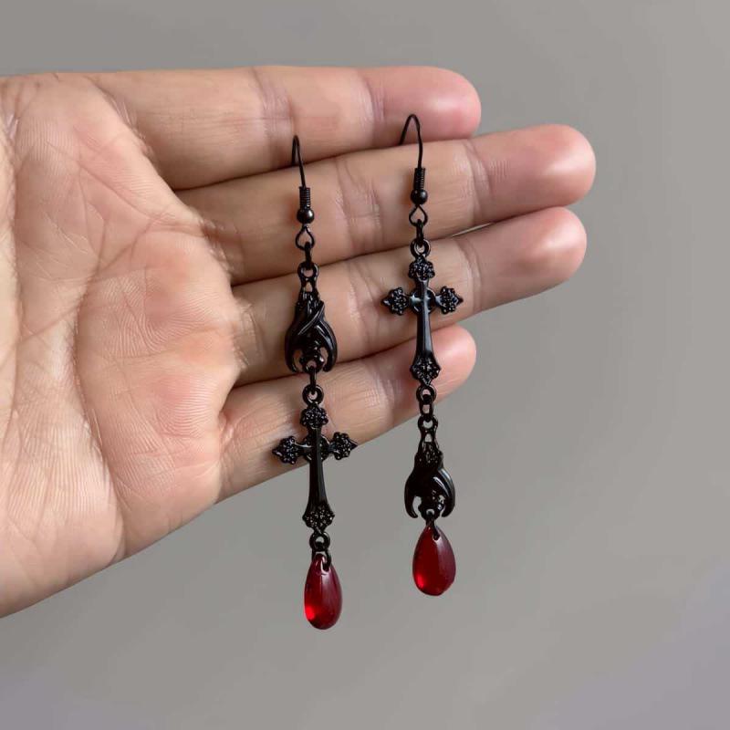 Elegant Gothic Renaissance Bat Cross Red Glass Earrings