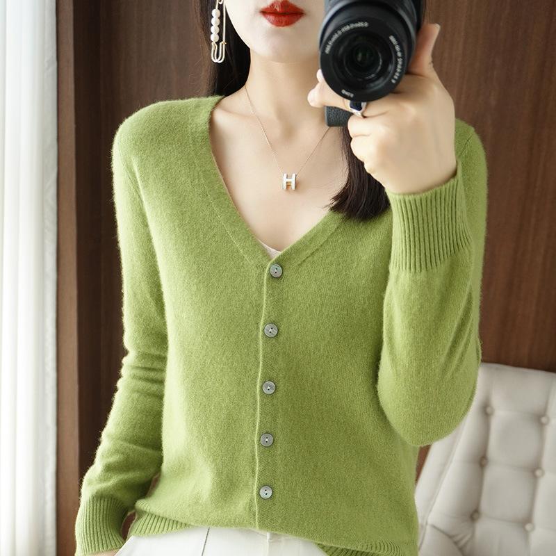 Suéteres de punto de lana de manga larga con cuello en V y estampado de colores sólidos para otoño e invierno para mujer