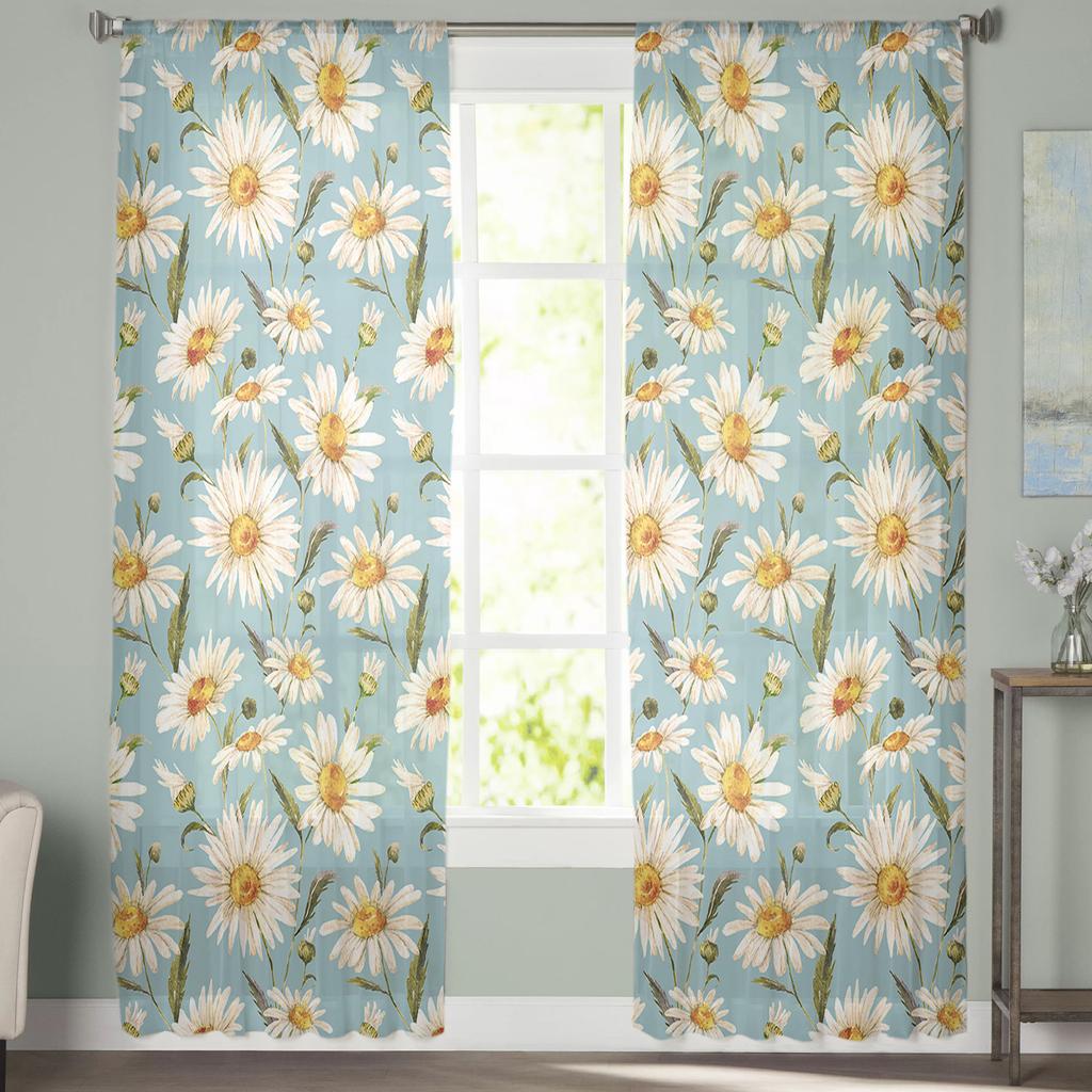 Daisy Watercolor Texture Sheer Voile Window Curtains Tulle Curtains Living Room Balcony Decoration Drapes