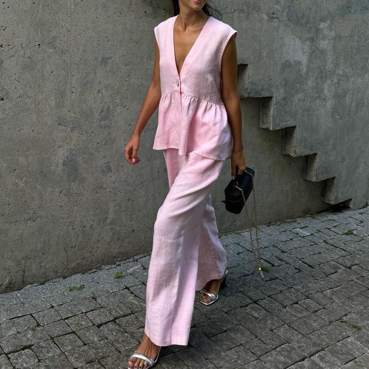 2026 New Women's Spring/Summer Cotton V-Neck Sleeveless Top & Pants Two-Piece Set