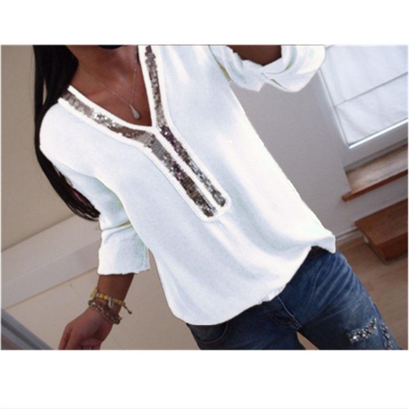 Elegant Womens Long Sleeve Sequins V-neck Tops Blouse With Casual Plus Size Fit