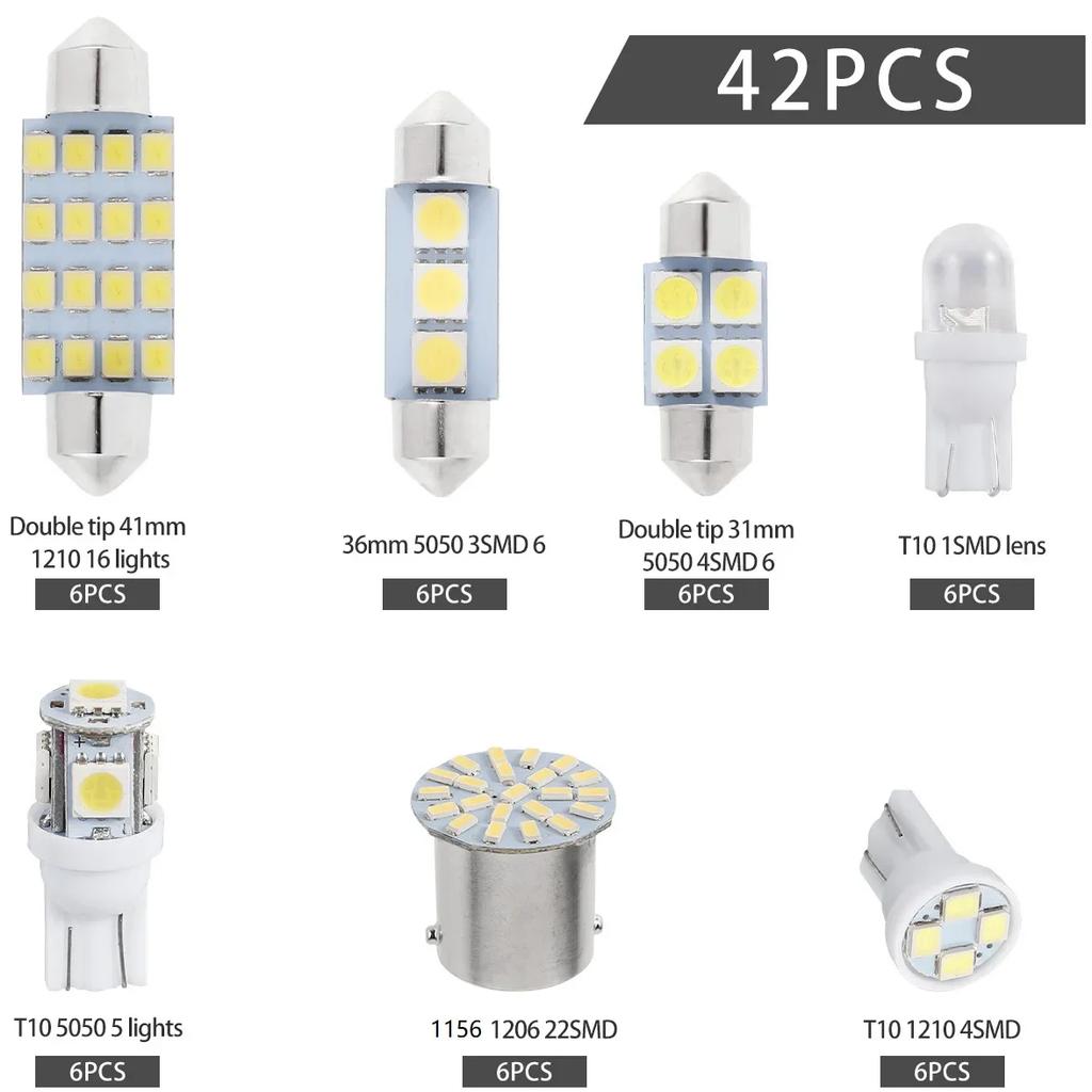 42PCS Lumières LED pour Voiture Lumières Intérieures 6000K 12V T10 168 2825 W5W 921 Kit Pour Voiture Véhicule Lumière de Carte Dôme Porte Coffre Plaque d'Immatriculation Ampoule