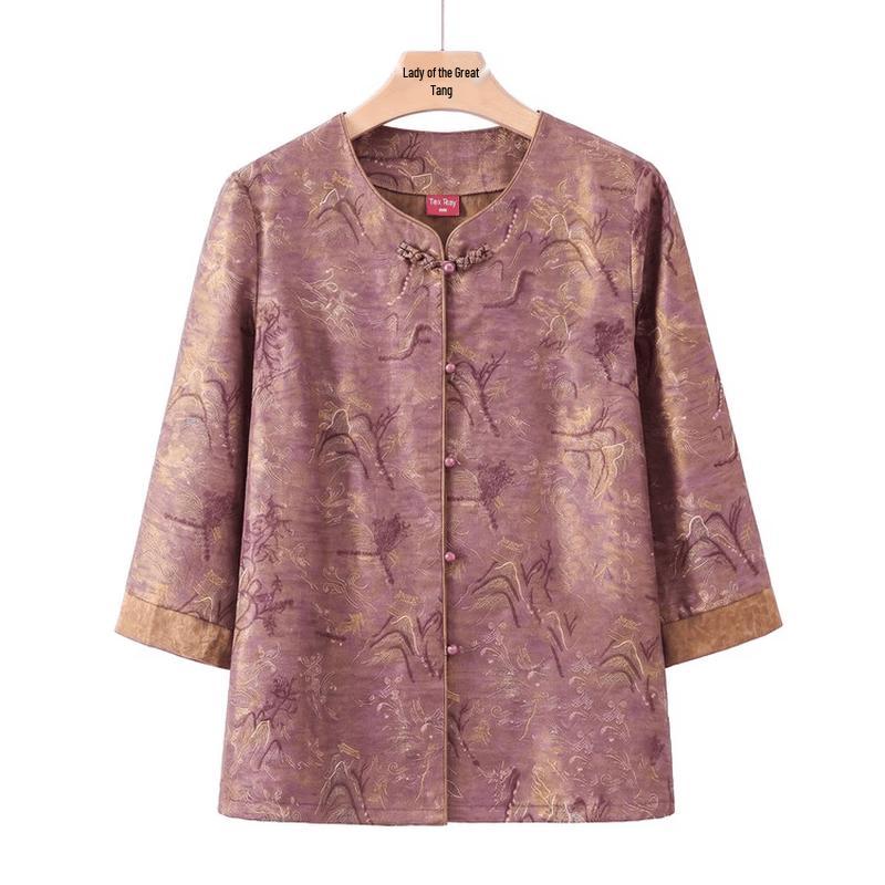 Women s New Chinese Style Landscape Print Half-Sleeve Shirt XXL