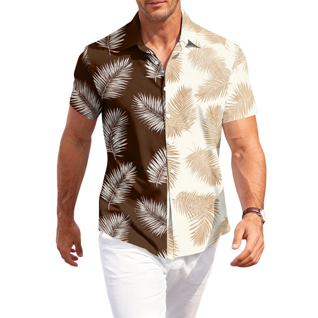 Men's Casual Loose Fit Short Sleeve Shirt Button Down Palm Leaf Print Lightweight Summer Beachwear Shirt