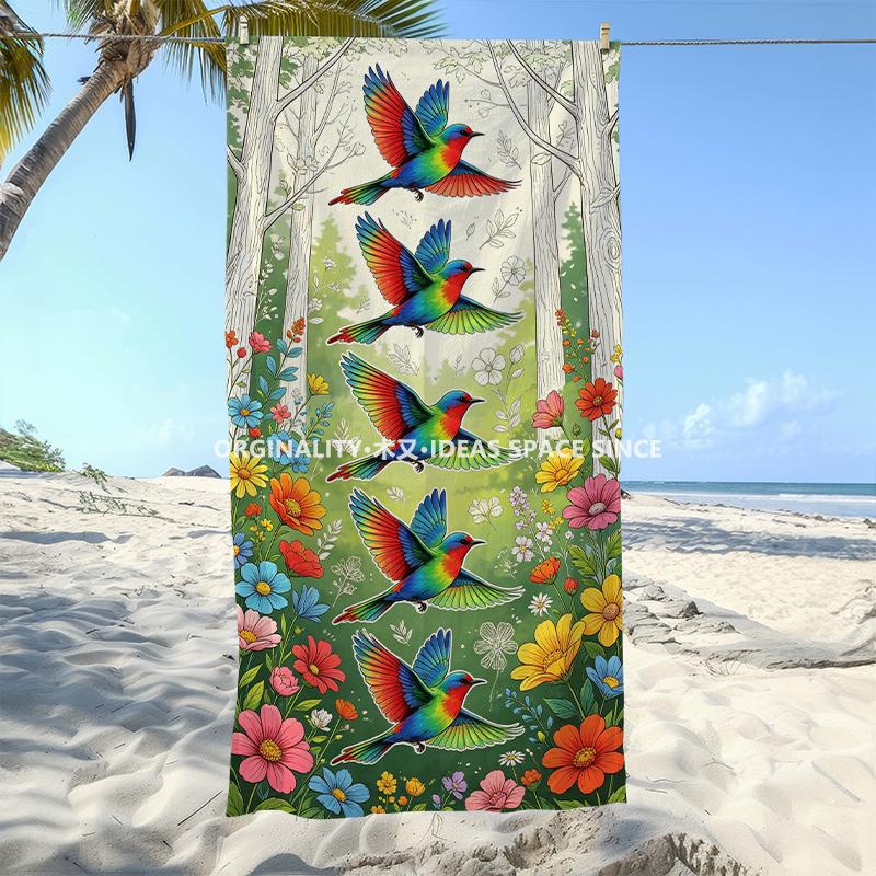 Rainbow Birds Floral Beach Towel Patterned Sunscreen And Windproof Suitable For Swimming Pool Camping Travel