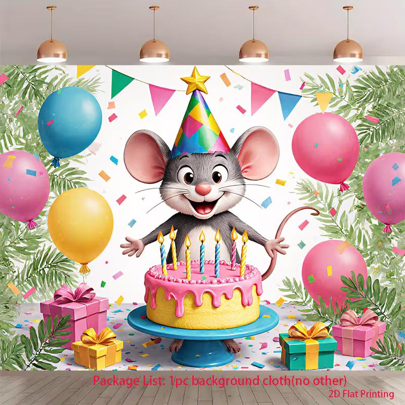 2D Cartoon Animal Birthday Backdrop with Party Hat and Gifts