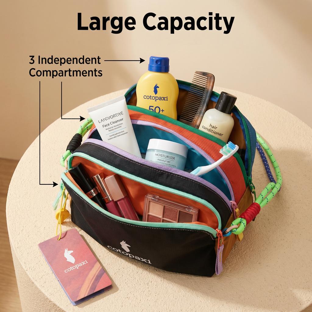 Alpaca Dopamine-Colored Wash & Storage Bag, Featuring Three Main Zipper Compartments for Organized Separation. Portable and Reus