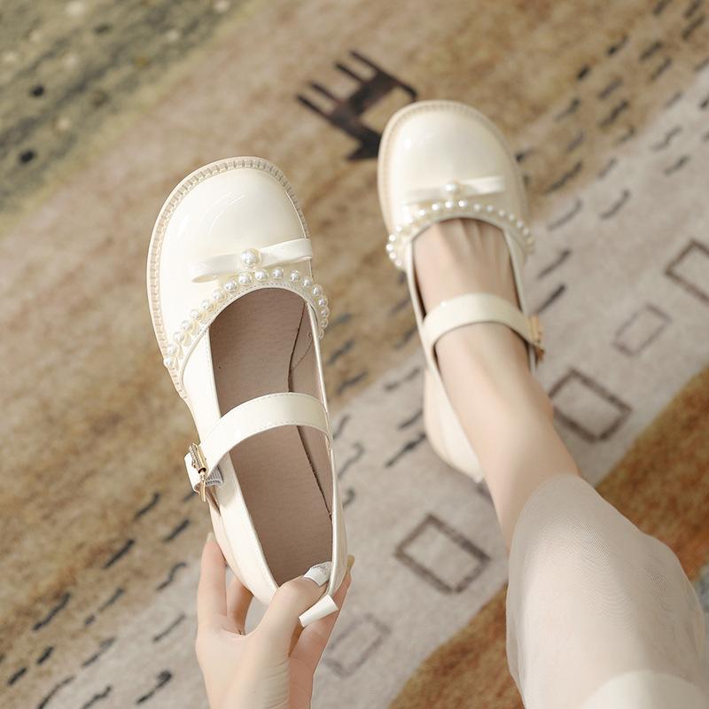 

One-pedal lazy single shoes women s summer bow pearl women s shoes round head small leather shoes thick heel Mary Jane shoes summer 34 абрикосовый