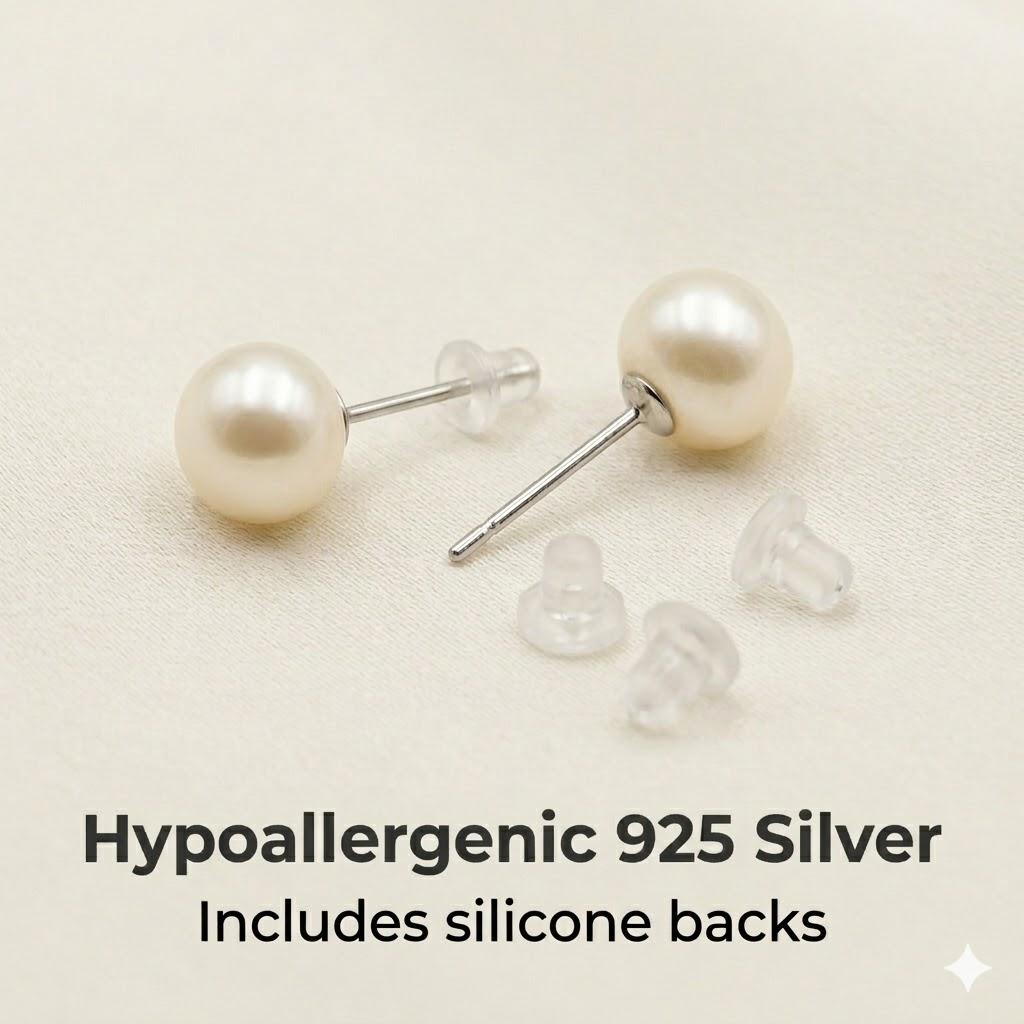 5A Grade Natural Freshwater Pearl Earrings S925 Sterling Silver Studs, Real Pearls 6-10mm [White/Lavender], Hypoallergenic Wedding Gift