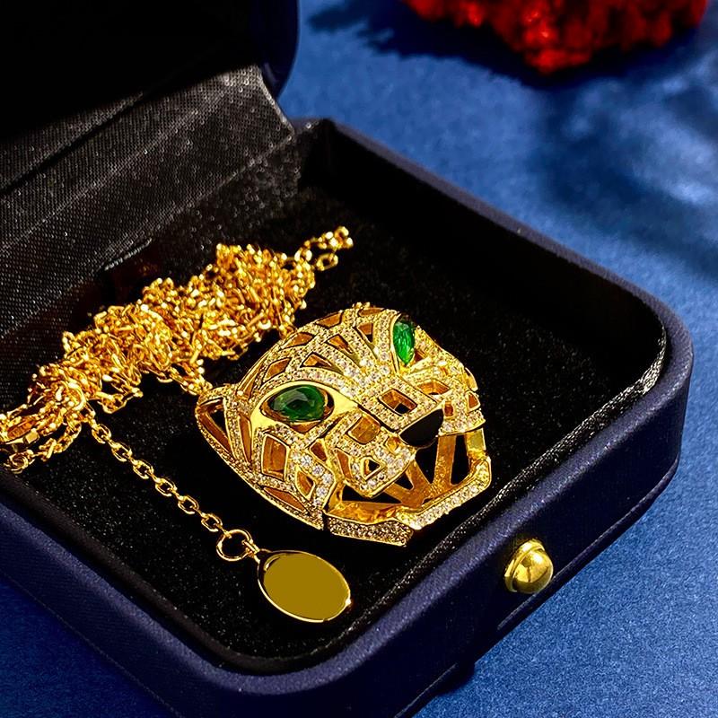 Gold Plated Leopard Head Pendant Necklace With Rhinestones Irregular Cutout Punk Style Long Chain Sweater