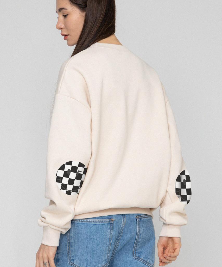 Graver [Unisex] Elbow Checkerboard Dot Smile Sweatshirt_Cream