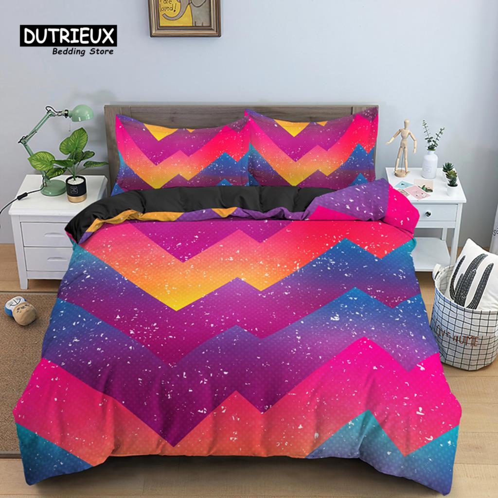Psychedelic 3D Geometric Duvet Cover Modern Retro Neon Bedding Set Microfiber Colorful Abstract Quilt Cover Full For Kids Teen