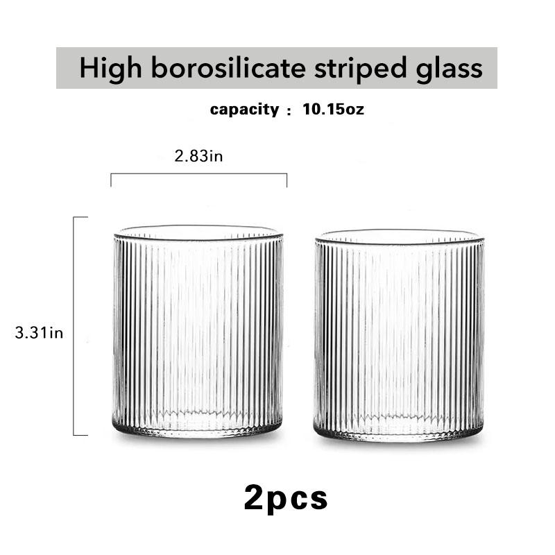 10oz Premium Glass Coffee Mug with Handle – Classic Vertical Stripes Transparent Tea Cup for Hot/Cold Beverages (1/2 Pcs)