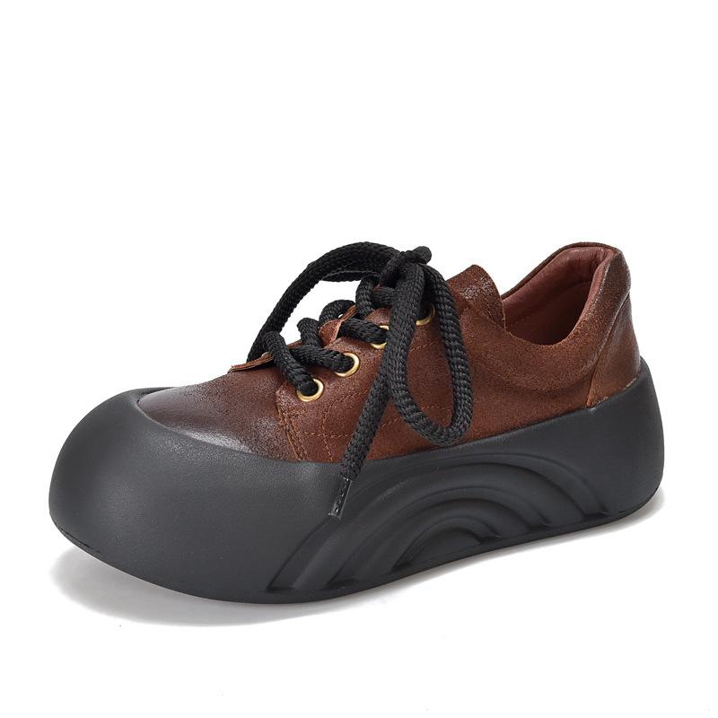 

Johnature Vintage Handmade Толстая подошва Женская обувь Натуральная кожа Круглый носок Плоская платформа Туфли 40 кофейный