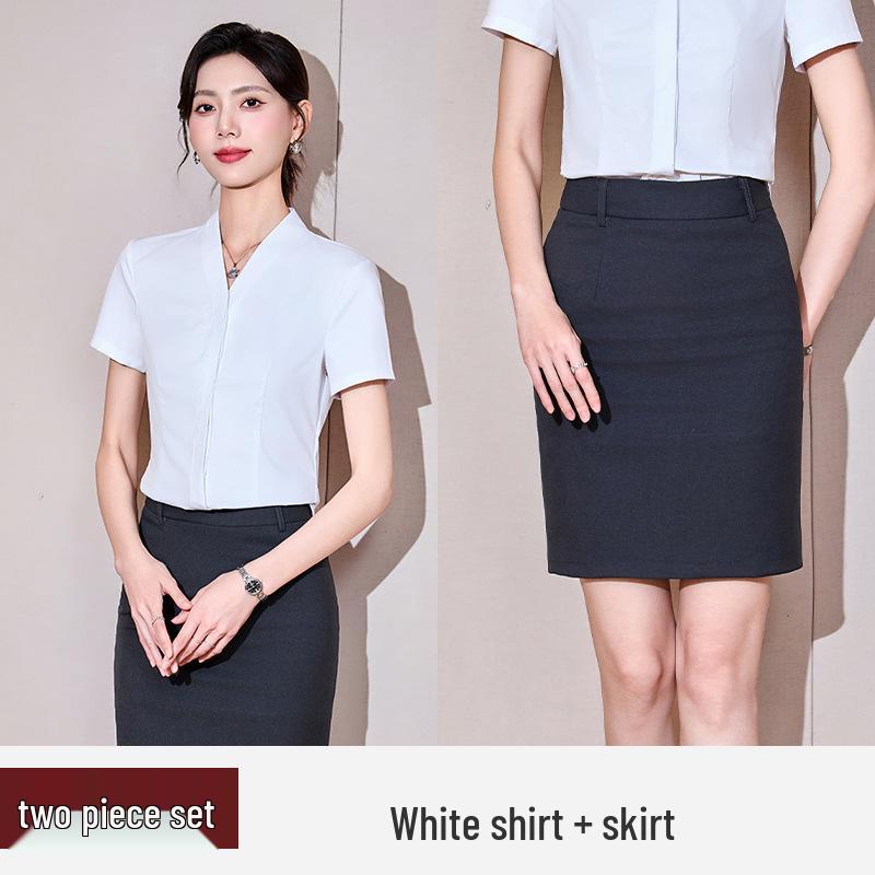 Women's V-Neck Short-Sleeve White Chiffon Shirt - Summer Formal Base Layer