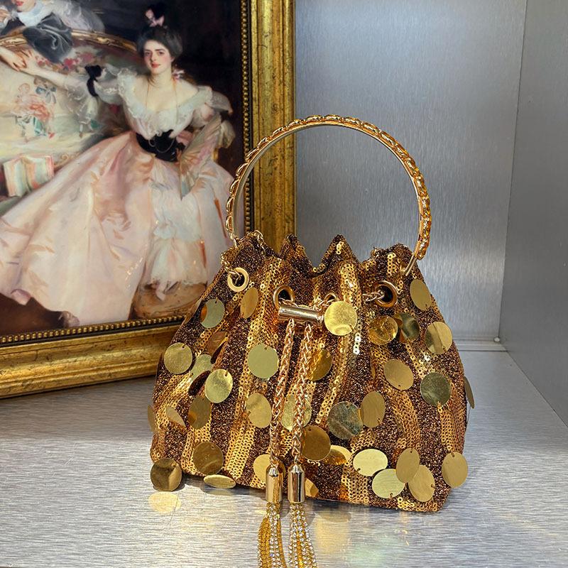 Bright Sequined Evening Bags Fashion Colorful Chain Shoulder Crossbody Bags Metal Bucket Party Wedding Clutch золотой