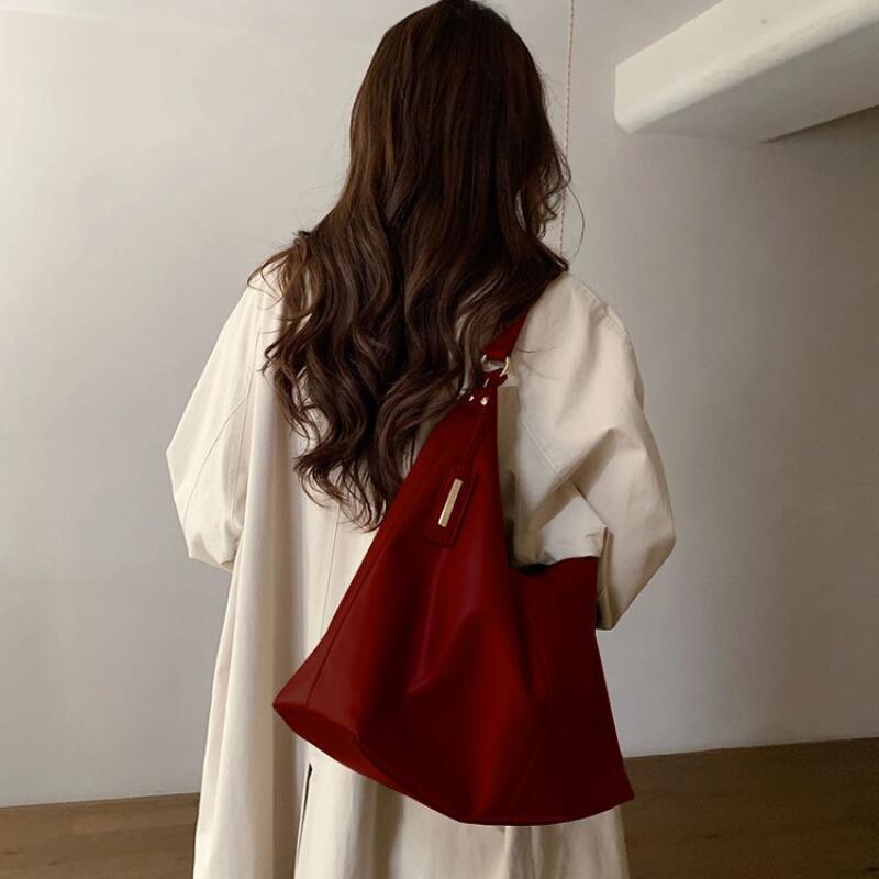 New Vintage Female Large Capacity Shoulder Bags Retro Wedding Tote Bags Casual Red Pu Leather Handheld Women'S Handbags Quality