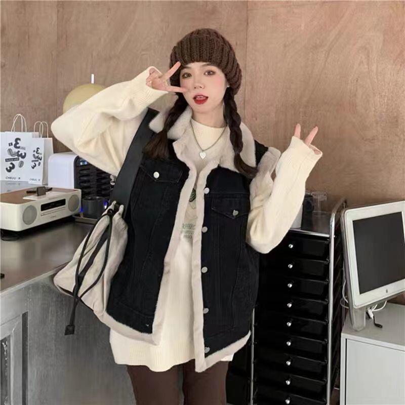 Lamb wool denim vest girl autumn and winter clothing new junior high school students fleece thickened vest jacket